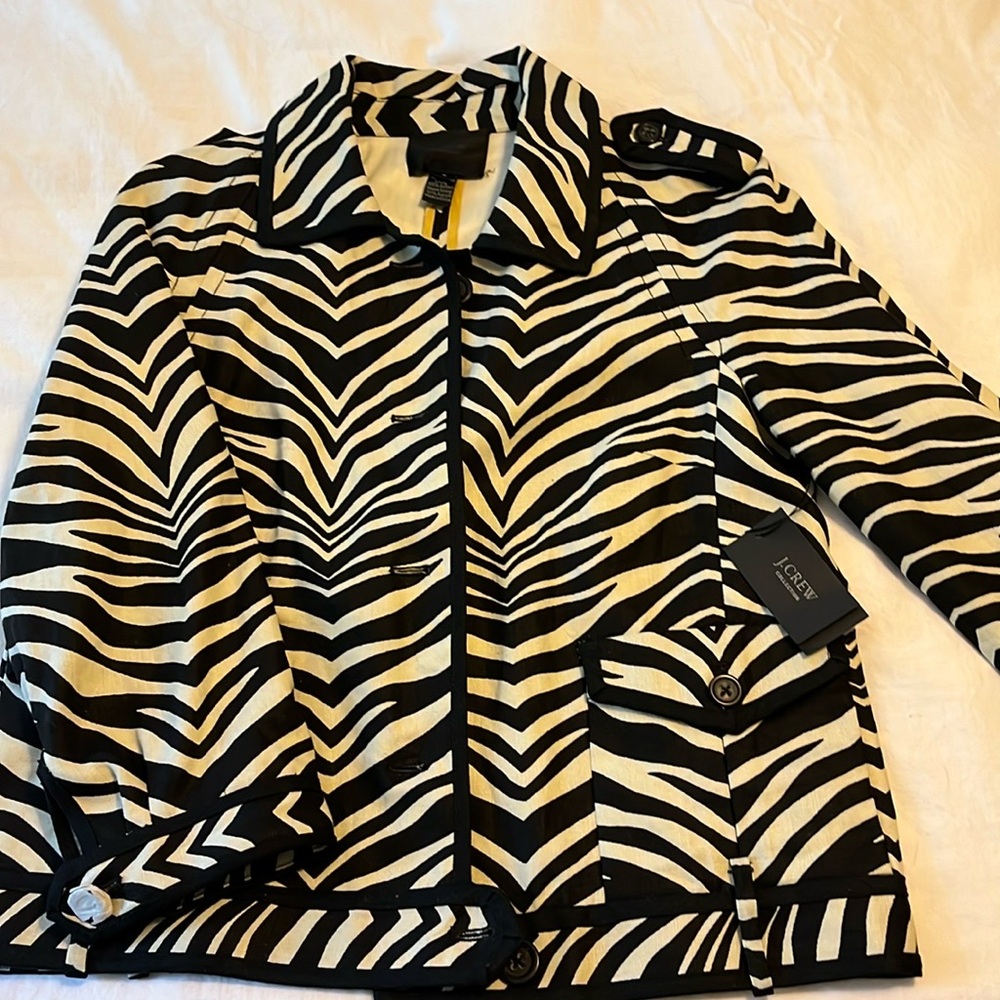 J CREW COLLECTION black zebra stripe animal print cotton military coat jacket